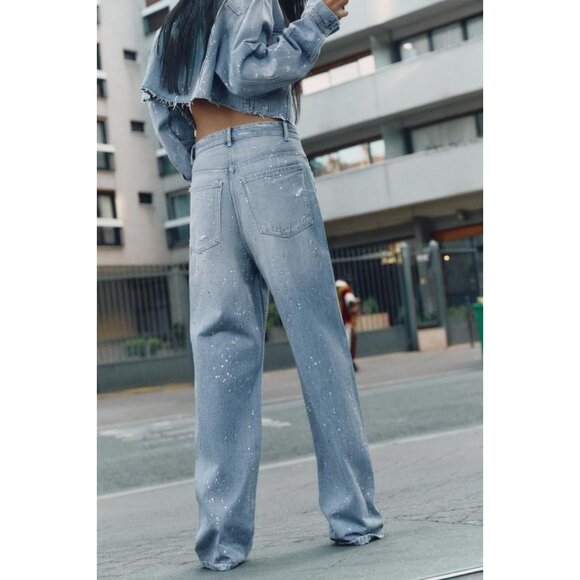 ZARA TRF STRAIGHT-LEG RHINESTONE HIGH-WAIST JEANS - Picture 4 of 8